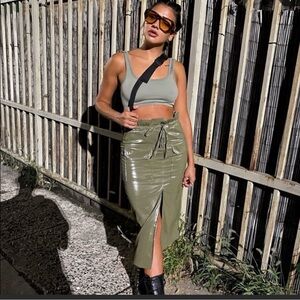 New Zara Paperbag Midi Khaki Green Pencil Skirt with Pockets Small 7102/162